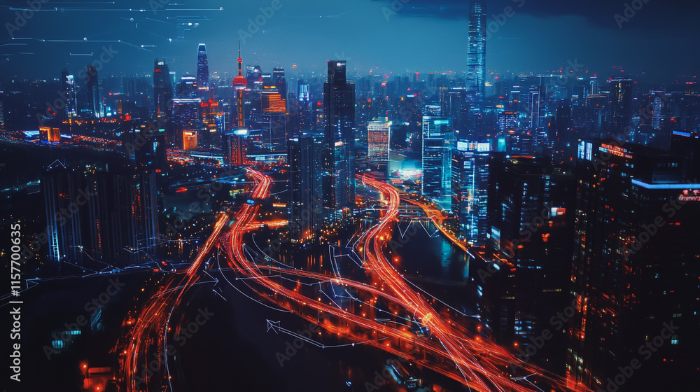 Fototapeta premium Smart digital Innovation city with connection network reciprocity over the cityscape. of future smart wireless digital city and social media networking systems that connects people with in city