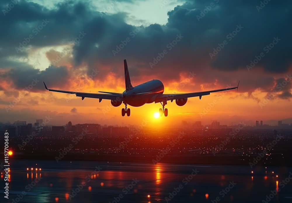 Fototapeta premium A plane taking off at sunset, symbolizing the joy of travel and new adventures