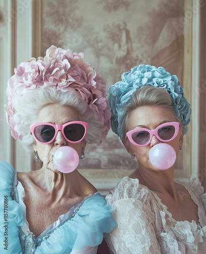 Two elderly women, dressed in Marie Antoinette style, wear pink and blue sunglasses and blow bubbles with bubblegum, with the woman on the left dressed as an aristocrat.