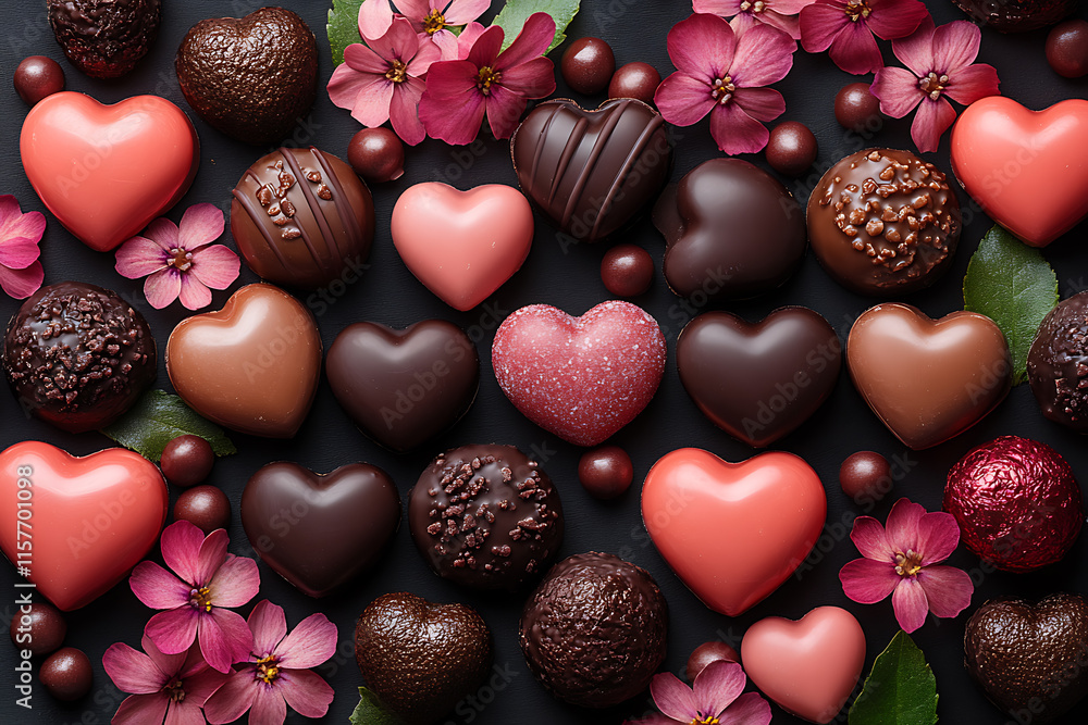 A selection of heart-shaped chocolates and candies displayed in a decorative arrangement with flowers and ribbons for Valentine's Day A selection of heart-shaped chocolates and candies displayed in a decorative arrangement with flowers and ribbons for Valentine's Day