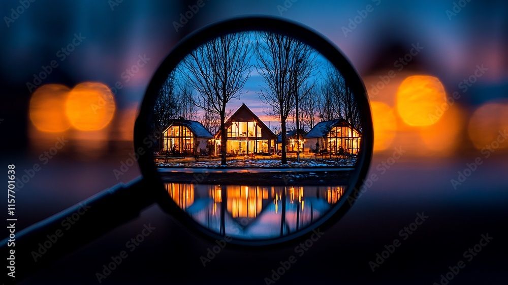 Magnifying glass view of illuminated houses reflected in water at dusk. Magnifying glass view of illuminated houses reflected in water at dusk.