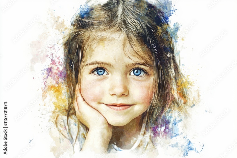A portrait of a young child with striking blue eyes, a innocent and curious expression A portrait of a young child with striking blue eyes, a innocent and curious expression