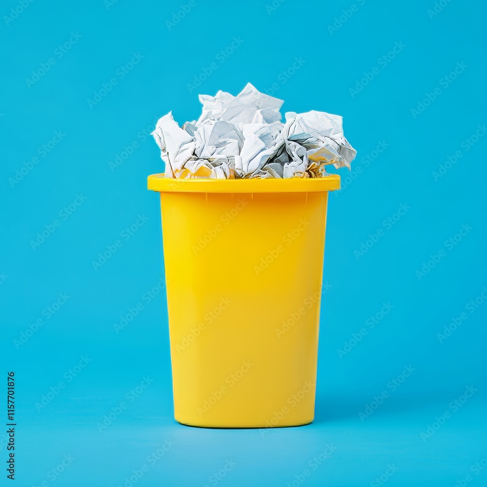 Opened yellow container for paper garbage collection with crumpled paper inside, isolated on the blue background with copy space, waste recycling concept Opened yellow container for paper garbage collection with crumpled paper inside, isolated on the blue background with copy space, waste recycling concept