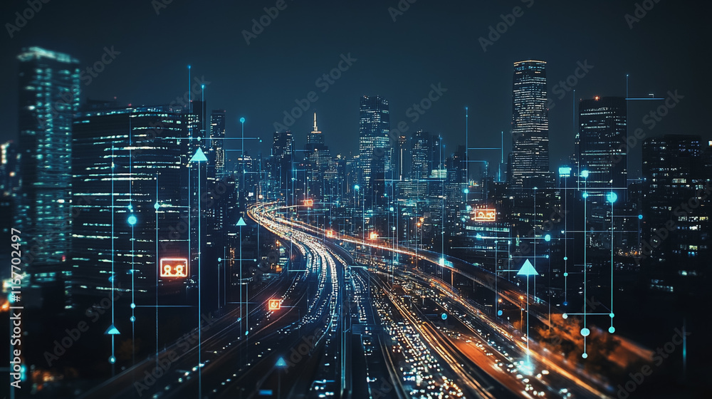 Smart digital Innovation city with connection network reciprocity over the cityscape. of future smart wireless digital city and social media networking systems that connects people with in city Smart digital Innovation city with connection network reciprocity over the cityscape. of future smart wireless digital city and social media networking systems that connects people with in city