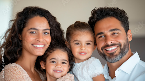 A cheerful Hispanic family--mother, father, and two young children.