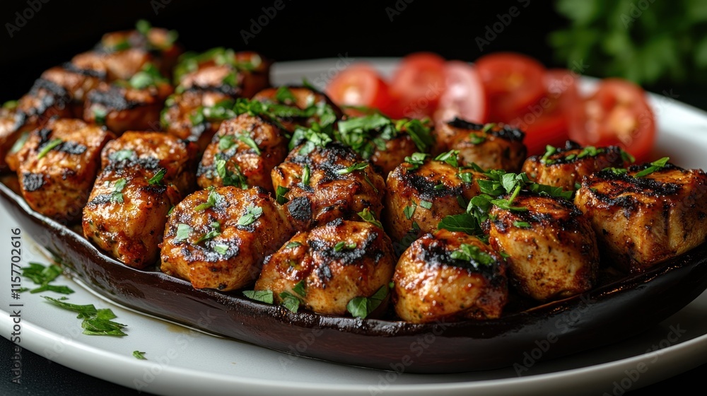 Grilled chicken cubes in baked eggplant boat with tomato slices and parsley. Grilled chicken cubes in baked eggplant boat with tomato slices and parsley.