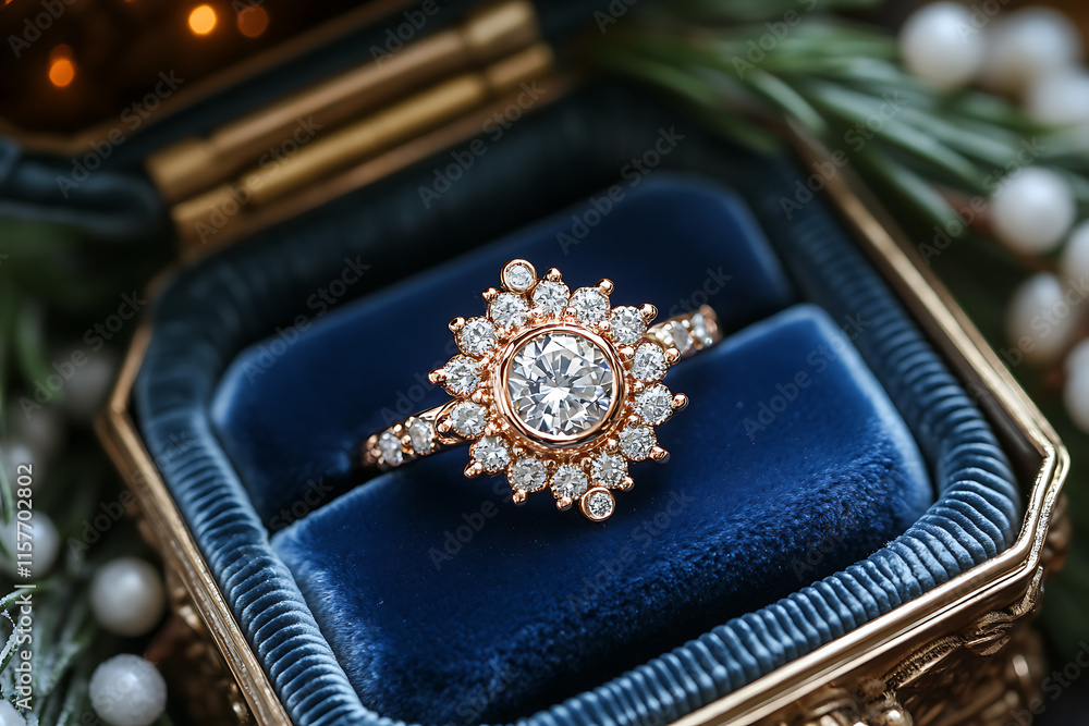 A snowflake-shaped diamond ring nestled in a luxurious blue velvet box, surrounded by snowy pine branches, embodying the elegance and romance of a winter proposal A snowflake-shaped diamond ring nestled in a luxurious blue velvet box, surrounded by snowy pine branches, embodying the elegance and romance of a winter proposal