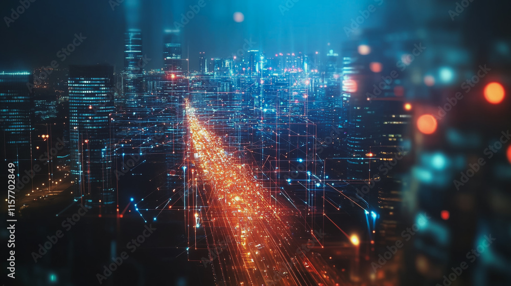 Smart digital Innovation city with connection network reciprocity over the cityscape. of future smart wireless digital city and social media networking systems that connects people with in city