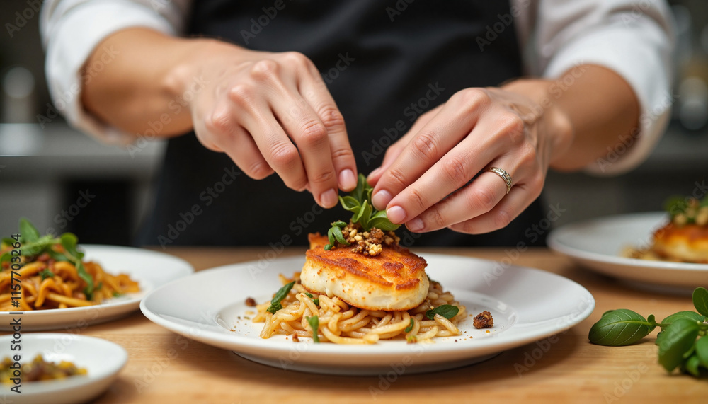 Chef garnishing plate with fish and pasta in a kitchen setting Chef garnishing plate with fish and pasta in a kitchen setting