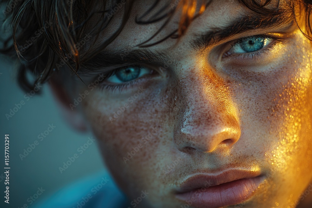 Close-up portrait of a young man with distinctive freckles on his face, suitable for use in personal or commercial projects