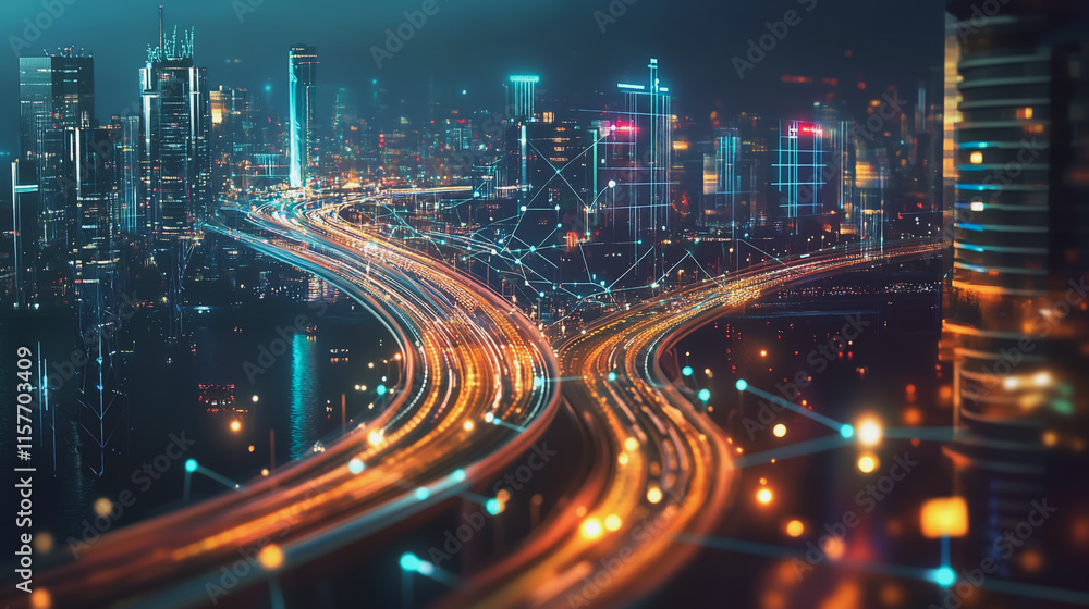 Fototapeta premium Smart digital Innovation city with connection network reciprocity over the cityscape. of future smart wireless digital city and social media networking systems that connects people with in city