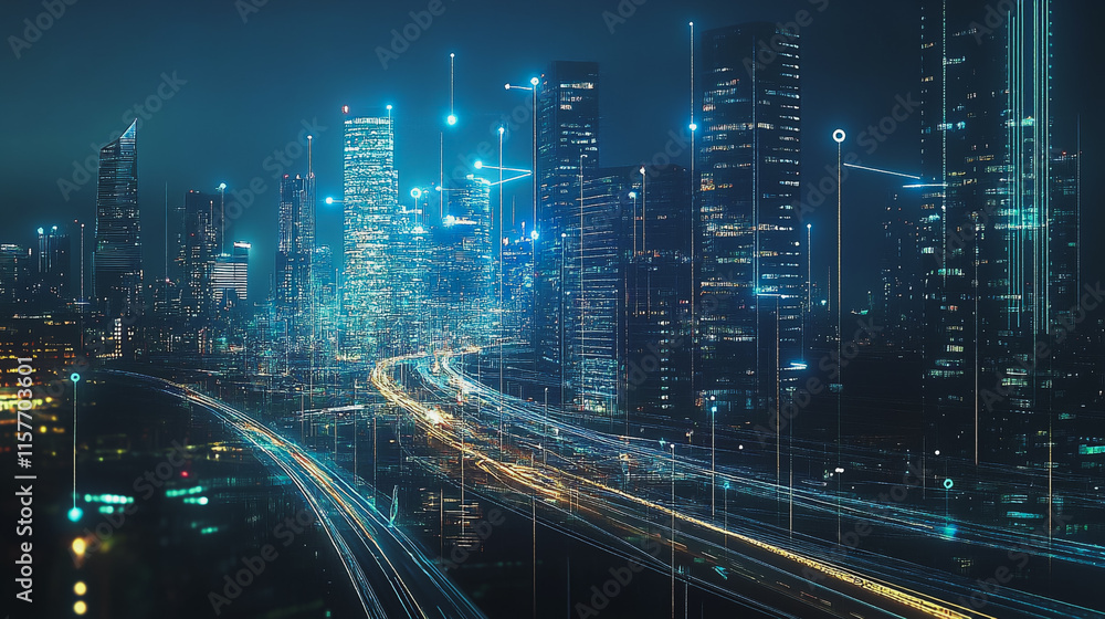 Smart digital Innovation city with connection network reciprocity over the cityscape. of future smart wireless digital city and social media networking systems that connects people with in city Smart digital Innovation city with connection network reciprocity over the cityscape. of future smart wireless digital city and social media networking systems that connects people with in city
