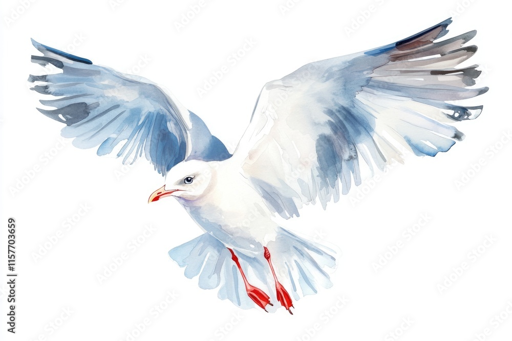 A beautiful watercolor painting of a seagull soaring through the sky, its wings spread wide A beautiful watercolor painting of a seagull soaring through the sky, its wings spread wide
