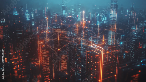 Smart digital Innovation city with connection network reciprocity over the cityscape. of future smart wireless digital city and social media networking systems that connects people with in city