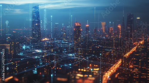 Wallpaper Mural Smart digital Innovation city with connection network reciprocity over the cityscape. of future smart wireless digital city and social media networking systems that connects people with in city Torontodigital.ca