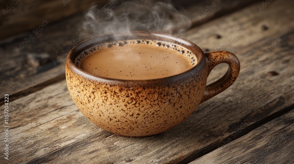 A steaming cup of coffee on a wooden surface. A steaming cup of coffee on a wooden surface.