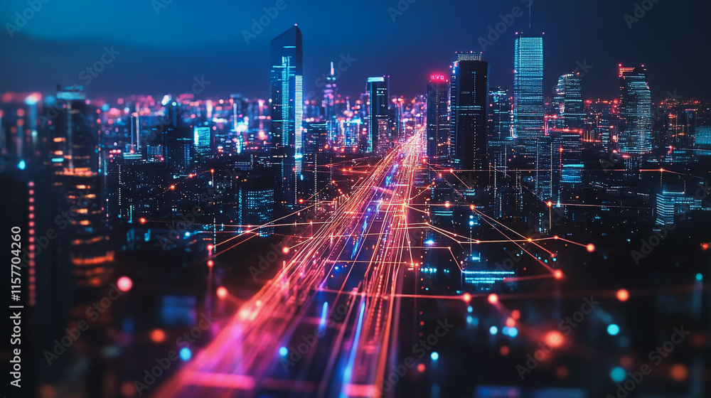Fototapeta premium Smart digital Innovation city with connection network reciprocity over the cityscape. of future smart wireless digital city and social media networking systems that connects people with in city