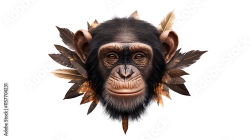 Chimpanzee Portrait: Digital Art Featuring Autumnal Feathers AI Generated photo