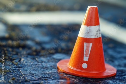 A bright orange traffic cone with a white exclamation mark warning sign, commonly used in construction and roadwork zones