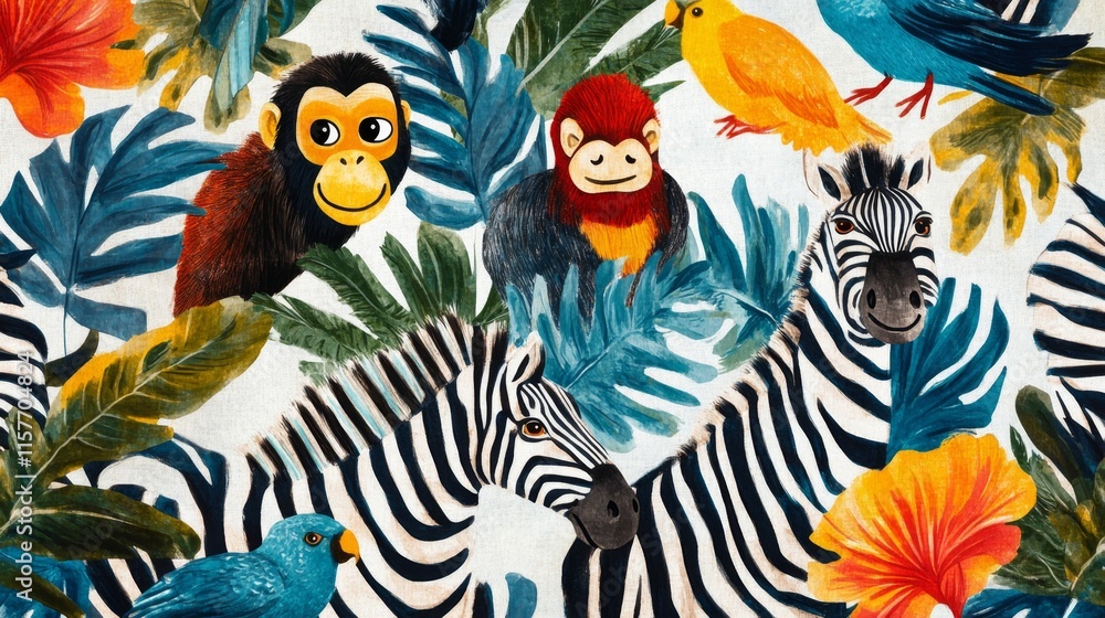 Vibrant wildlife scene featuring monkeys birds and zebras in a tropical jungle illustration colorful environment artistic viewpoint Vibrant wildlife scene featuring monkeys birds and zebras in a tropical jungle illustration colorful environment artistic viewpoint