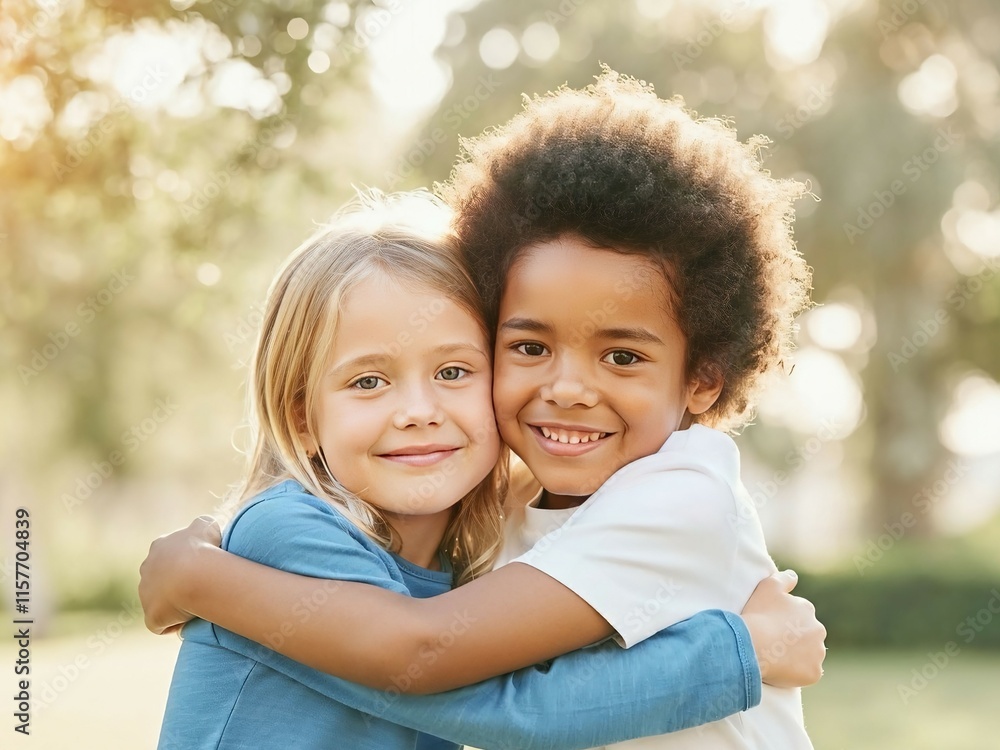 A touching and inspiring moment where two children embrace warmly, symbolizing friendship, innocence and unity A touching and inspiring moment where two children embrace warmly, symbolizing friendship, innocence and unity