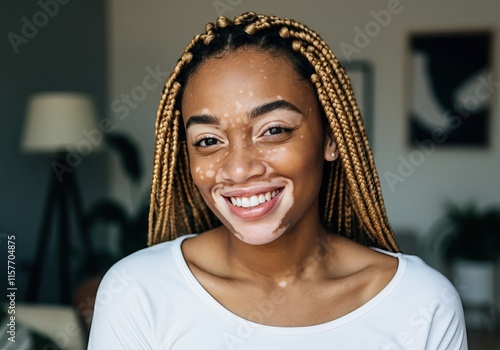 A young woman with vitiligo with a bright smile that radiates positivity and warmth photo