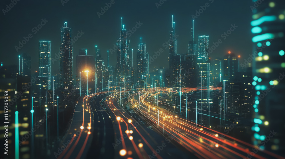 Obraz premium Smart digital Innovation city with connection network reciprocity over the cityscape. of future smart wireless digital city and social media networking systems that connects people with in city