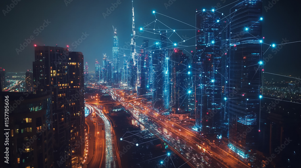 Smart digital Innovation city with connection network reciprocity over the cityscape. of future smart wireless digital city and social media networking systems that connects people with in city Smart digital Innovation city with connection network reciprocity over the cityscape. of future smart wireless digital city and social media networking systems that connects people with in city
