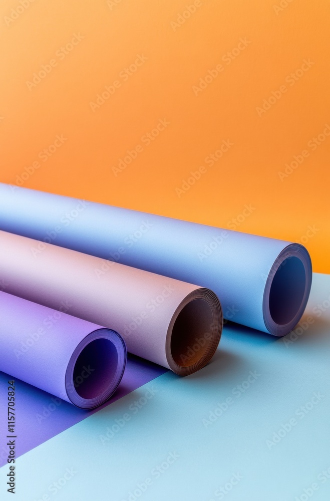 Fototapeta premium Three rolls of paper are stacked on top of each other, with one being purple