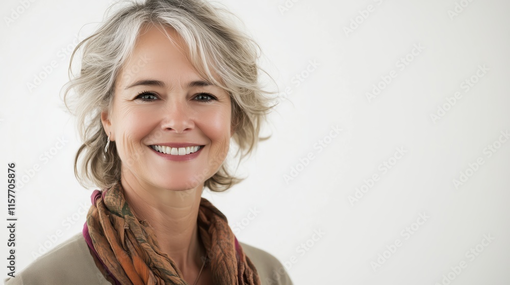 Smiling Mature Woman with Radiant Smile and Blonde Hair Wearing a Scarf Against a White Background Smiling Mature Woman with Radiant Smile and Blonde Hair Wearing a Scarf Against a White Background