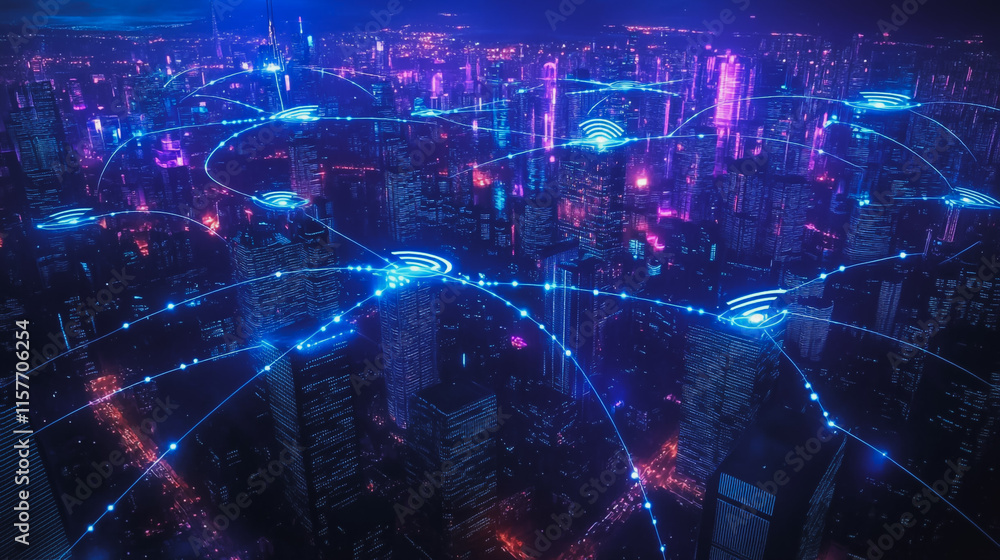 Smart digital Innovation city with connection network reciprocity over the cityscape. of future smart wireless digital city and social media networking systems that connects people with in city Smart digital Innovation city with connection network reciprocity over the cityscape. of future smart wireless digital city and social media networking systems that connects people with in city