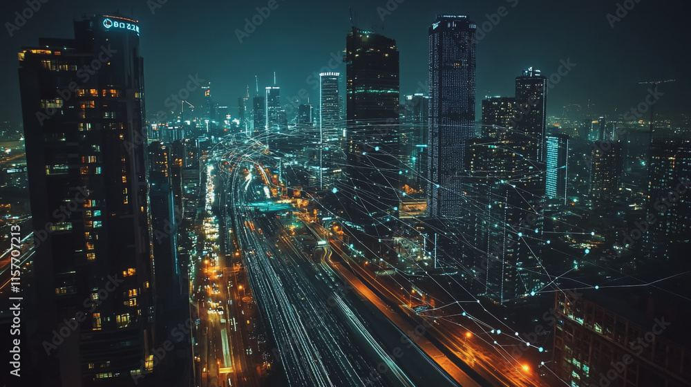 Obraz premium Smart digital Innovation city with connection network reciprocity over the cityscape. of future smart wireless digital city and social media networking systems that connects people with in city