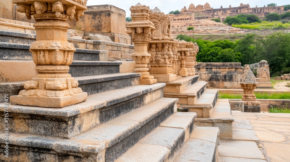 Ancient Stone Carvings with Scenic Landscape Background Ancient Stone Carvings with Scenic Landscape Background