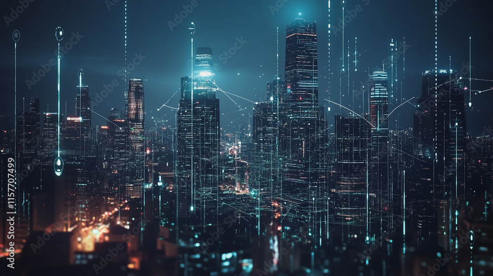Smart digital Innovation city with connection network reciprocity over the cityscape. of future smart wireless digital city and social media networking systems that connects people with in city Smart digital Innovation city with connection network reciprocity over the cityscape. of future smart wireless digital city and social media networking systems that connects people with in city