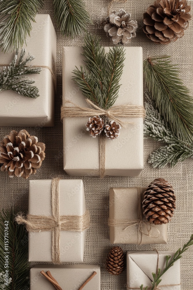 gift boxes, pine cones, and greenery for Christmas packaging background gift boxes, pine cones, and greenery for Christmas packaging background