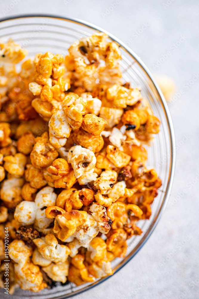 Top view of a bowl filled with sweet caramel popcorn Top view of a bowl filled with sweet caramel popcorn