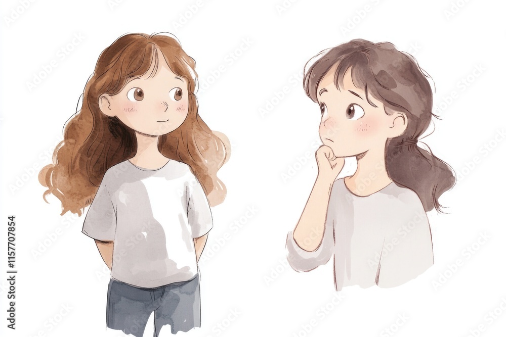 Two girls with long hair sitting together, illustration Two girls with long hair sitting together, illustration