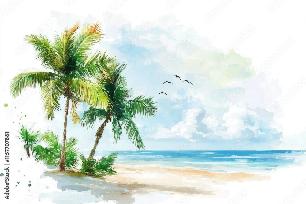 Fototapeta premium Two palm trees standing tall on a sunny beach