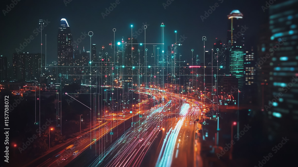 Obraz premium Smart digital Innovation city with connection network reciprocity over the cityscape. of future smart wireless digital city and social media networking systems that connects people with in city