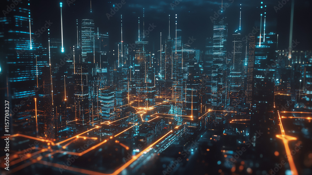 Obraz premium Smart digital Innovation city with connection network reciprocity over the cityscape. of future smart wireless digital city and social media networking systems that connects people with in city