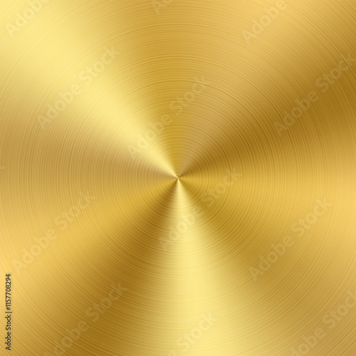 Golden radial gradient. Gold color circle effect. Holographic metal texture background. Polished brass finish vector foil. Bronze nickel alloy circular brushed plate. Material surface metallic sheet