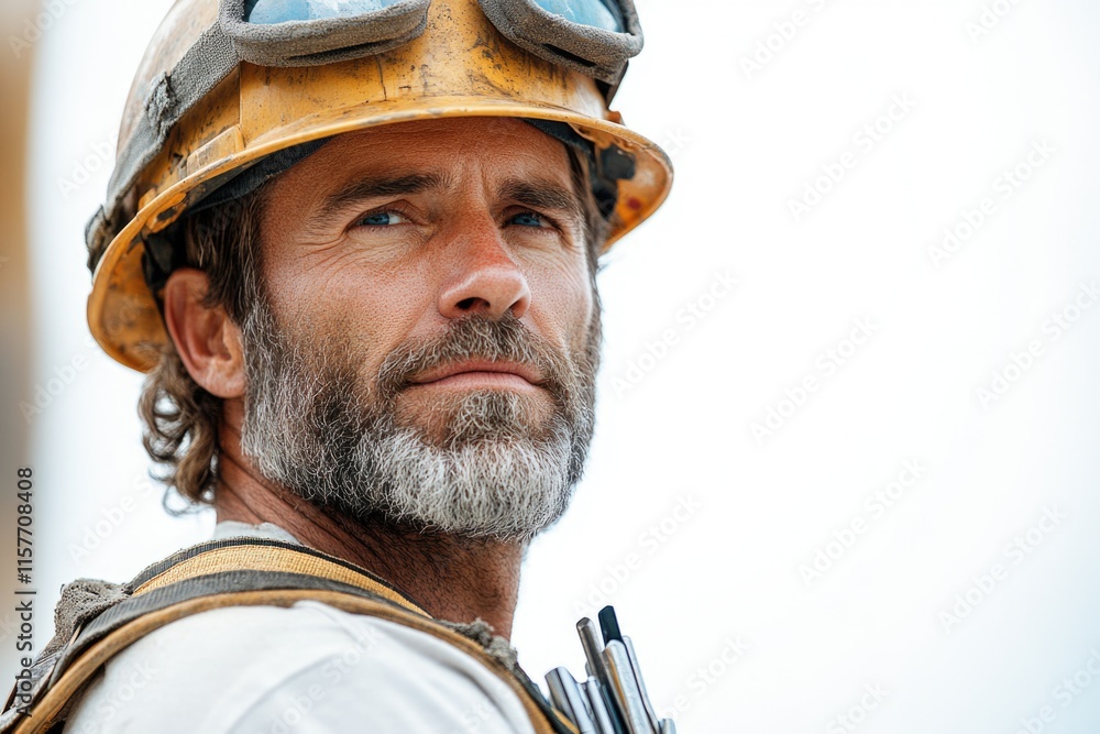 A worker wearing protective gear on a construction site or industrial setting A worker wearing protective gear on a construction site or industrial setting