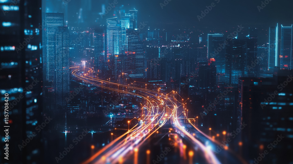 Naklejka premium Smart digital Innovation city with connection network reciprocity over the cityscape. of future smart wireless digital city and social media networking systems that connects people with in city