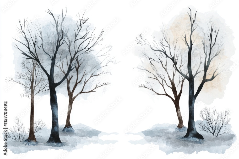 A pair of trees standing alone in snowy surroundings A pair of trees standing alone in snowy surroundings