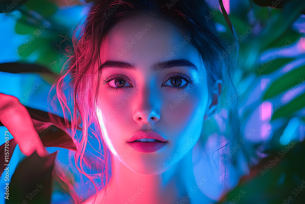 A stunning portrait of a woman illuminated by radiant neon lights in blue and pink hues, framed by lush green leaves, evoking beauty and an air of mystery A stunning portrait of a woman illuminated by radiant neon lights in blue and pink hues, framed by lush green leaves, evoking beauty and an air of mystery
