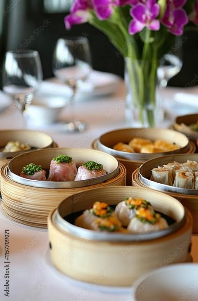 A table with a variety of Asian food in bamboo baskets A table with a variety of Asian food in bamboo baskets