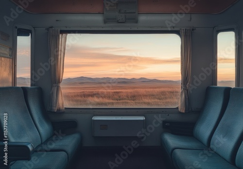 A train car with two blue seats and a window photo