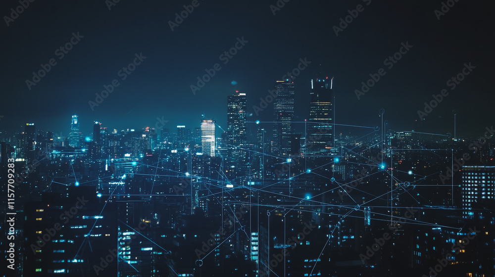 Smart digital Innovation city with connection network reciprocity over the cityscape. of future smart wireless digital city and social media networking systems that connects people with in city Smart digital Innovation city with connection network reciprocity over the cityscape. of future smart wireless digital city and social media networking systems that connects people with in city
