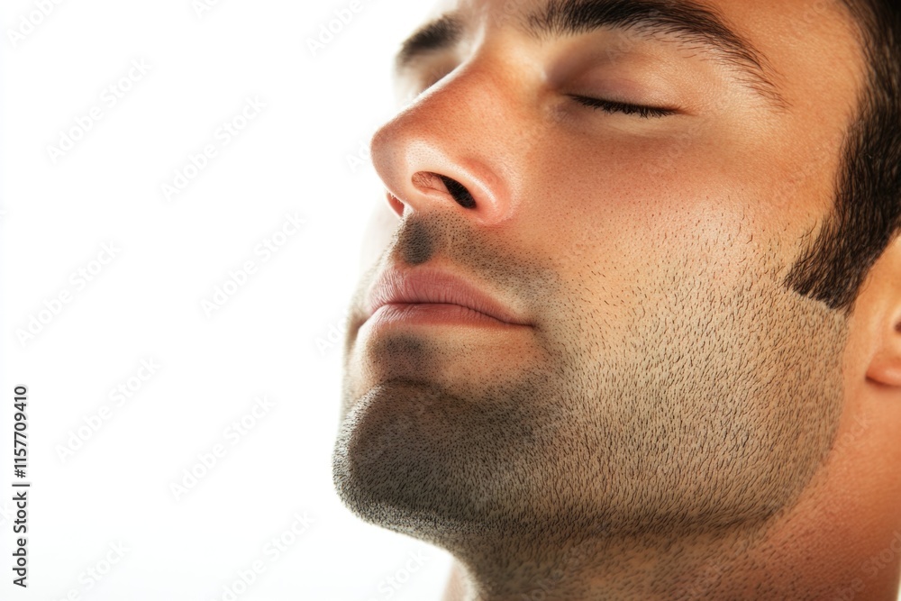 Obraz premium A close-up shot of a man's face with his eyes closed, ideal for use in scenarios where facial expressions are key