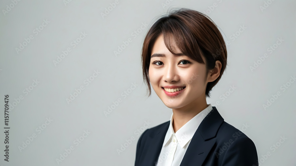 Potrait of Japanese woman short hair wearing formal black suits smiling front camera on white background ai generate Potrait of Japanese woman short hair wearing formal black suits smiling front camera on white background ai generate